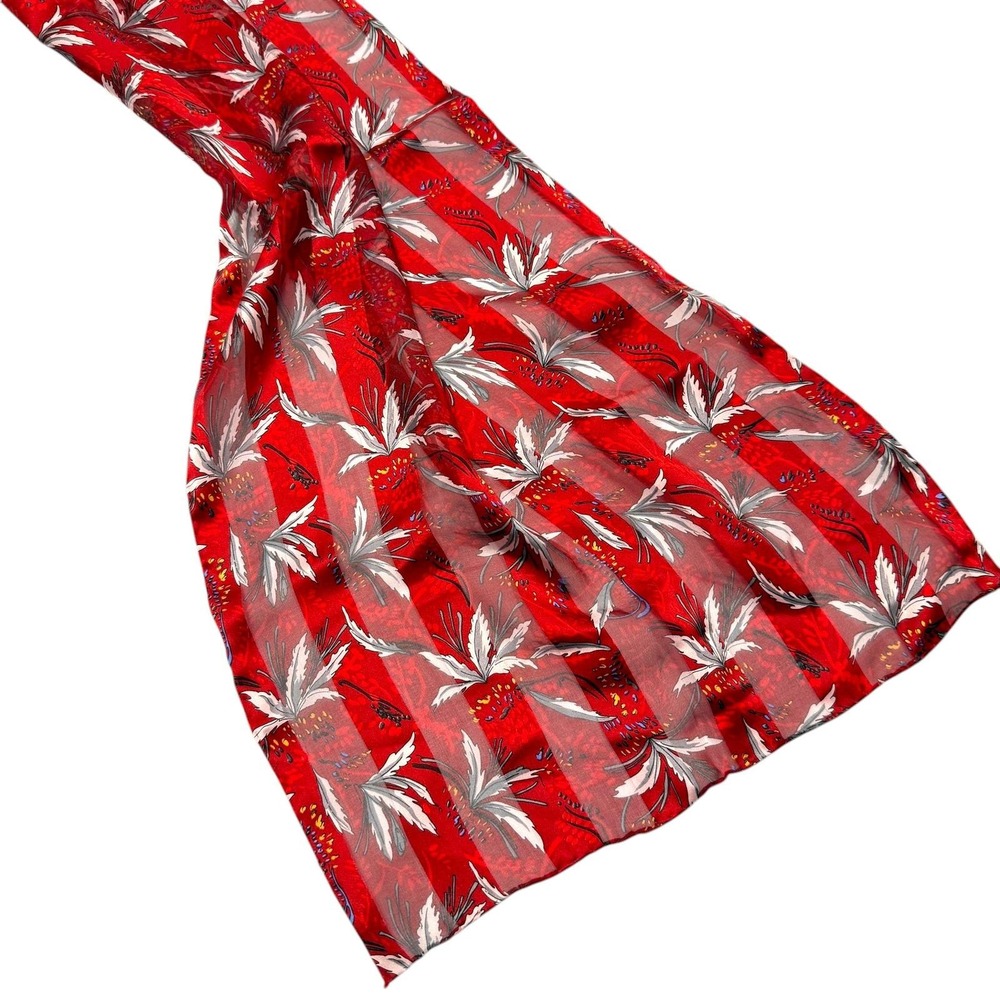 Silk Scarf Red Striped White Leaves Floral Rolled Hem Oblong 13 1/2 x 62"
